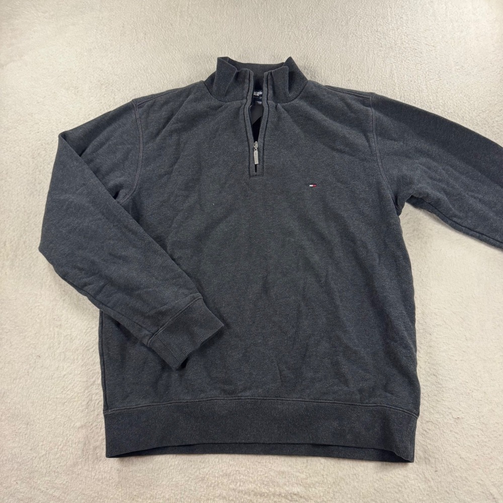 Tommy Hilfiger Quarter Zip Pullover Mens Med Grey Cotton Sweater Preppy Dadcore